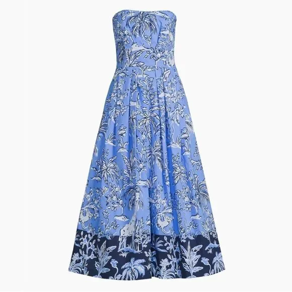 Lilly Pulitzer Kenni Midi Dress Blue Floral Floral Strapless Cotton NWT 16 - Picture 2 of 5